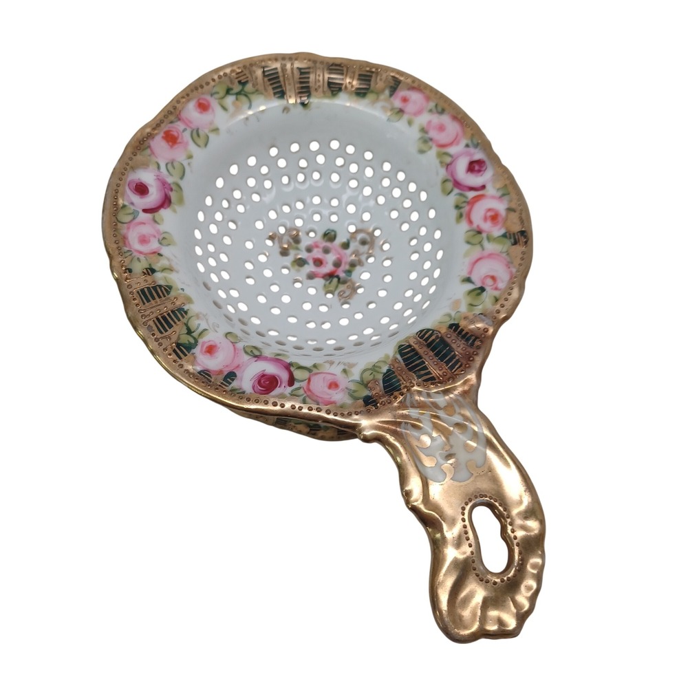 Nippon Hand Painted Porcelain Tea Strainer Drip Bowl Set Pink Roses Gold Moriage